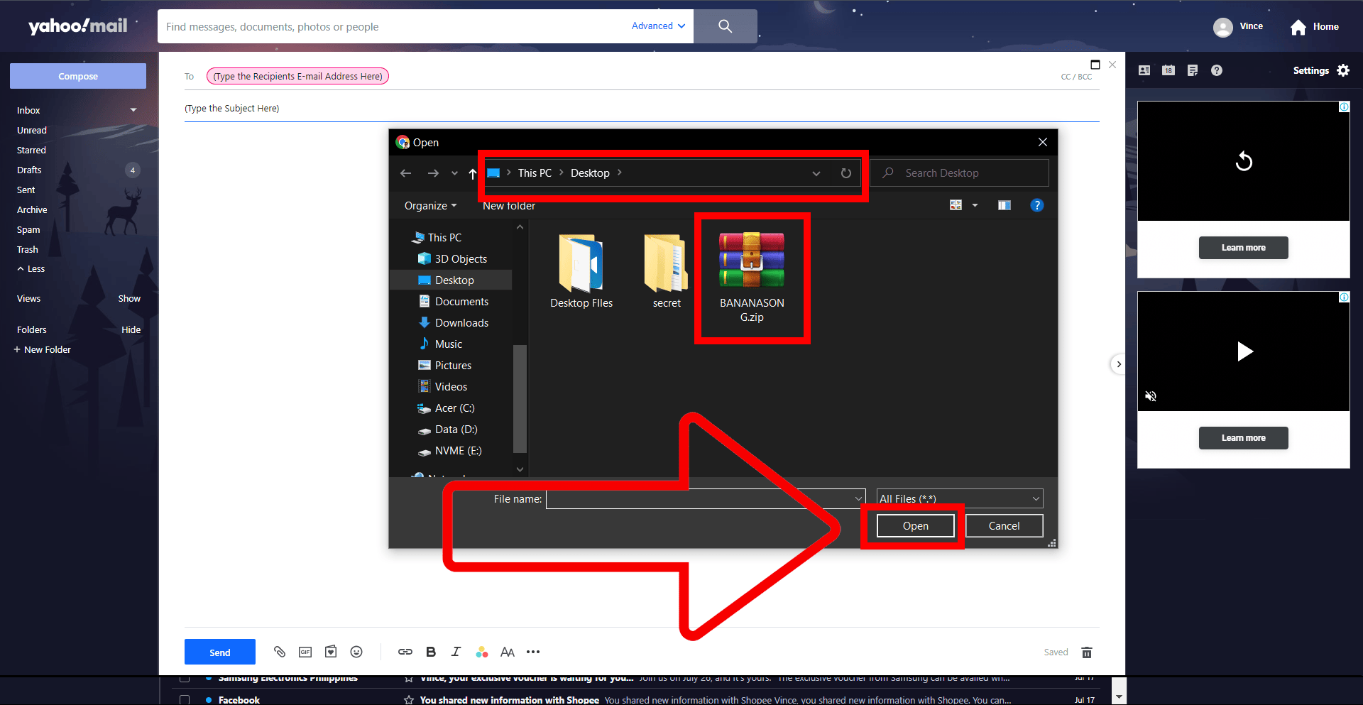 How To Attach a ZIP File to an E-mail in Yahoo Mail: Step 3