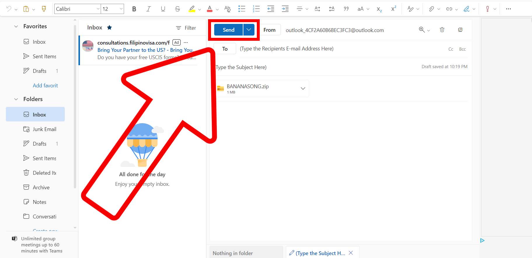 How To Attach a ZIP File to an E-mail in Outlook: Step 4