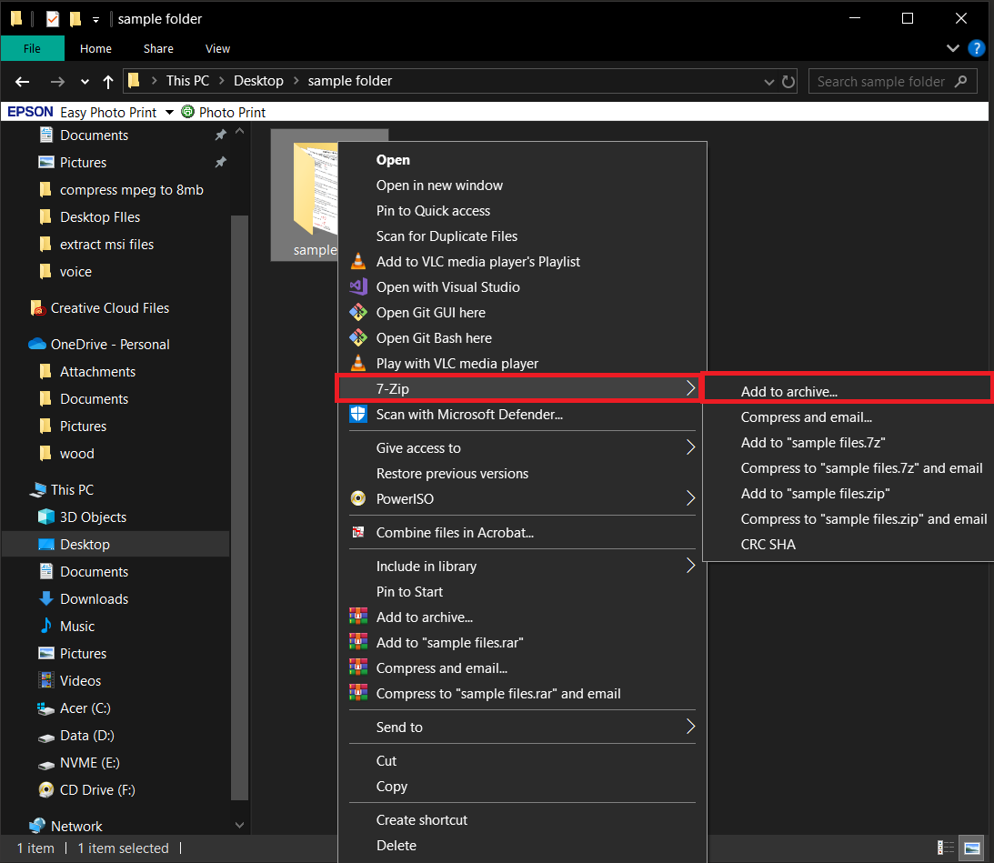 How to Compress with 7zip Using Windows File Explorer: Step 2