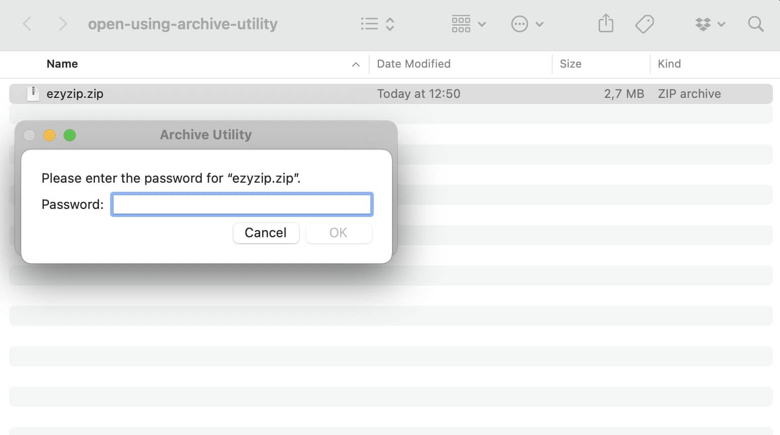 How to Open Password Protected ZIP File with archive Utility: Step 2
