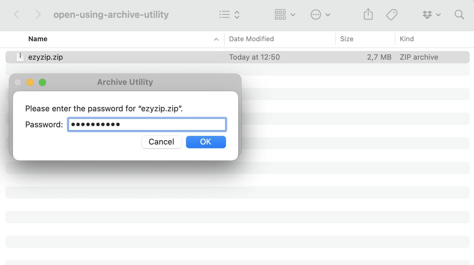 How to Open Password Protected ZIP File with archive Utility: Step 3