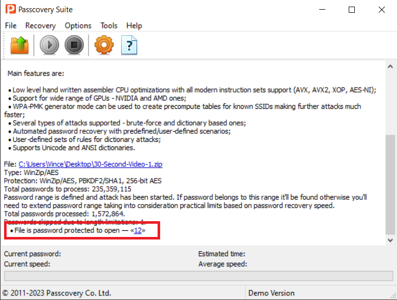 How to Unlock WinZIP Password Using Accent ZIP Password Recovery: Step 7