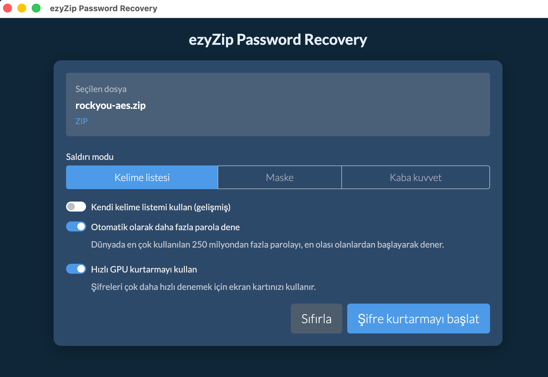 ezyZip Şifre Kurtarma
