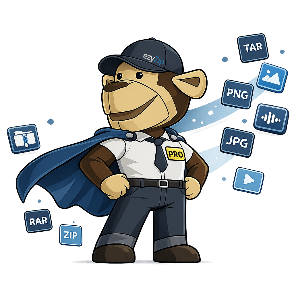 Ezriah Zippernowsky, the ezyZip mascot, in a hero pose with a cape and a PRO badge, surrounded by floating archive, image, and media file format chips