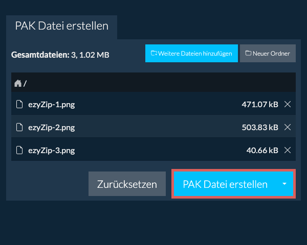 Speichern Sie die erstellte PAK Datei auf dem lokalen Laufwerk 2. PAK Datei erstellen