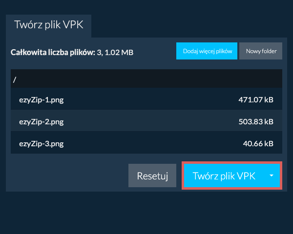 Zapisz utworzony plik VPK na dysk lokalny 2. Twórz plik VPK