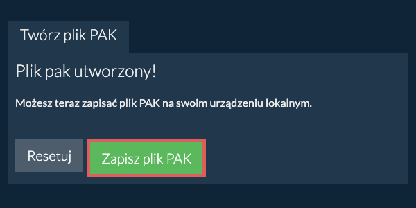 Zapisz utworzony plik PAK na dysk lokalny
