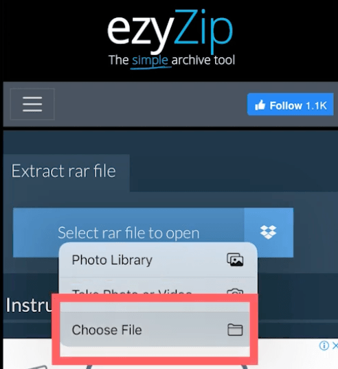 Click on 'Select rar file to open'