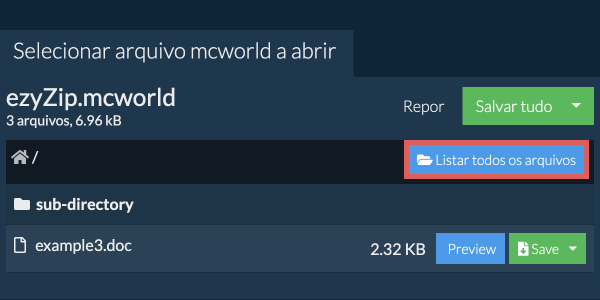 Lista de todos os arquivos dentro do arquivo mcworld