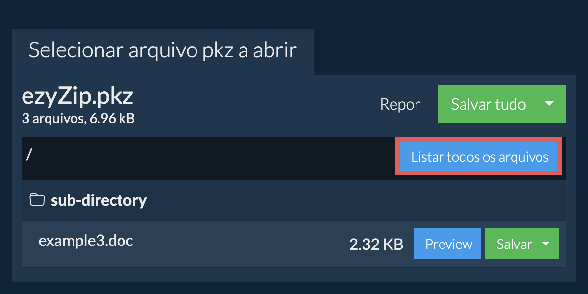 Lista de todos os arquivos dentro do arquivo pkz