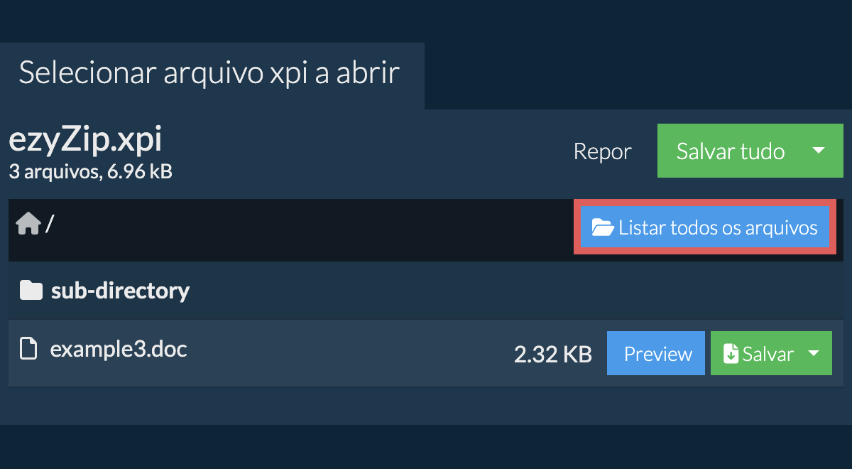 Lista de todos os arquivos dentro do arquivo xpi