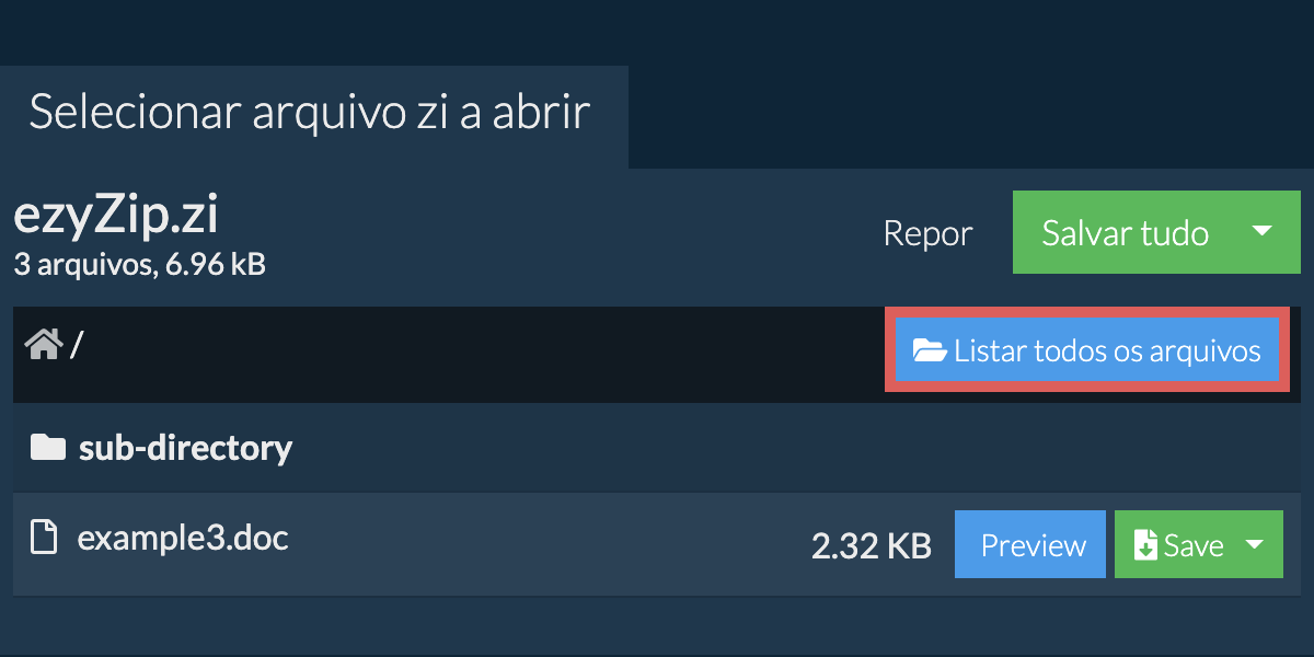 Lista de todos os arquivos dentro do arquivo zi