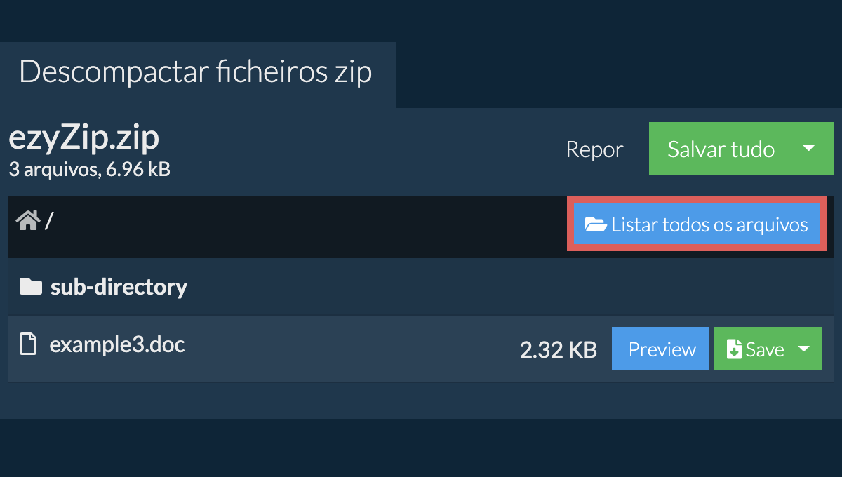 Lista de todos os arquivos dentro do arquivo zip