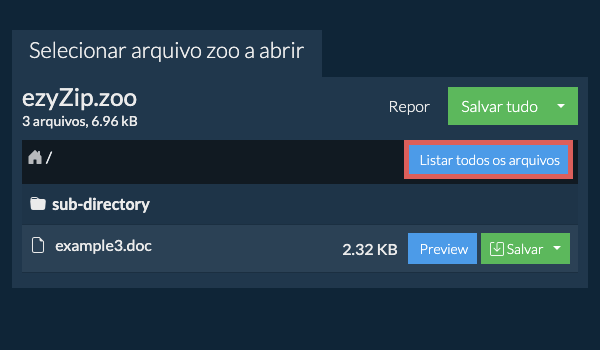 Lista de todos os arquivos dentro do arquivo zoo