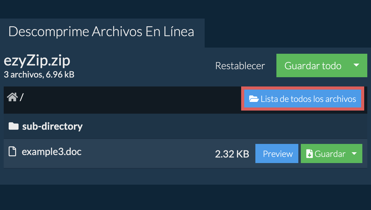 Lista de todos los archivos dentro del archivo zip