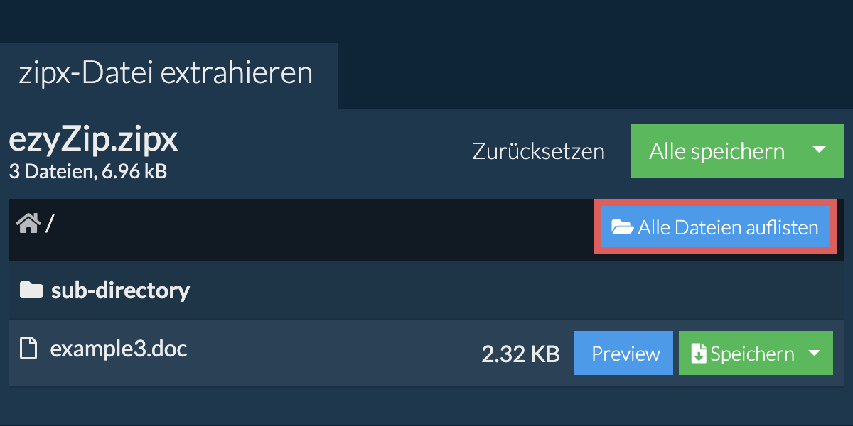 List of all files inside zipx file