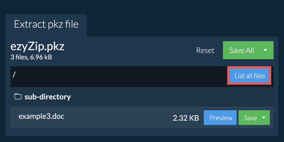 List of all files inside pkz file