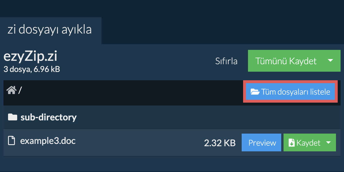 List of all files inside zi file