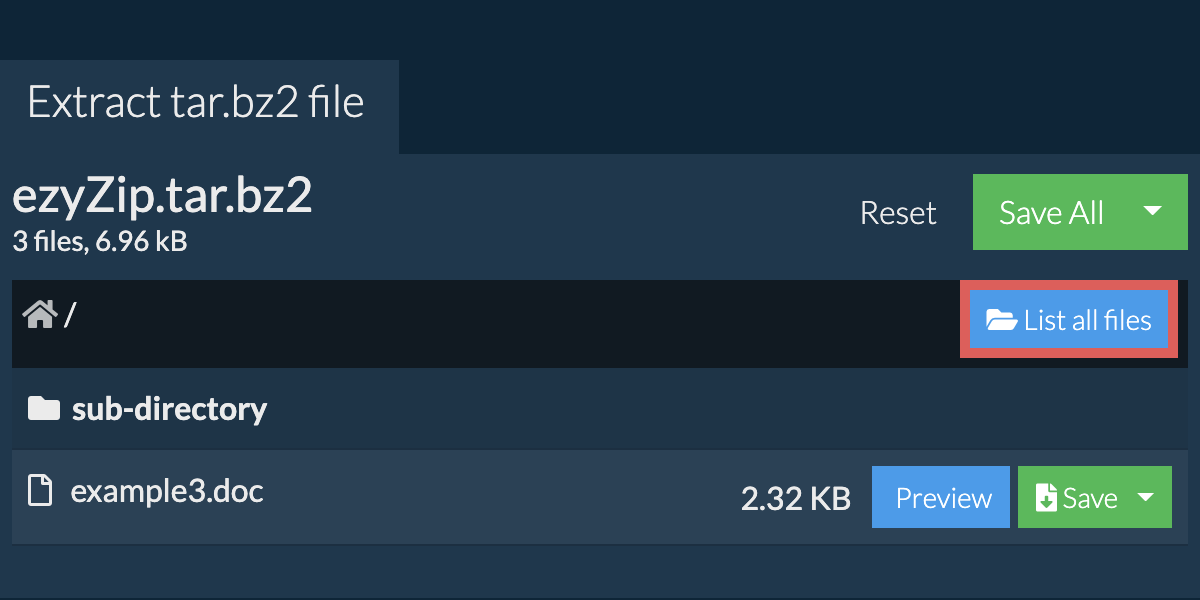 List of all files inside tar.bz2 file