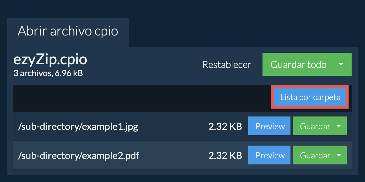 cpio: Lista por carpeta