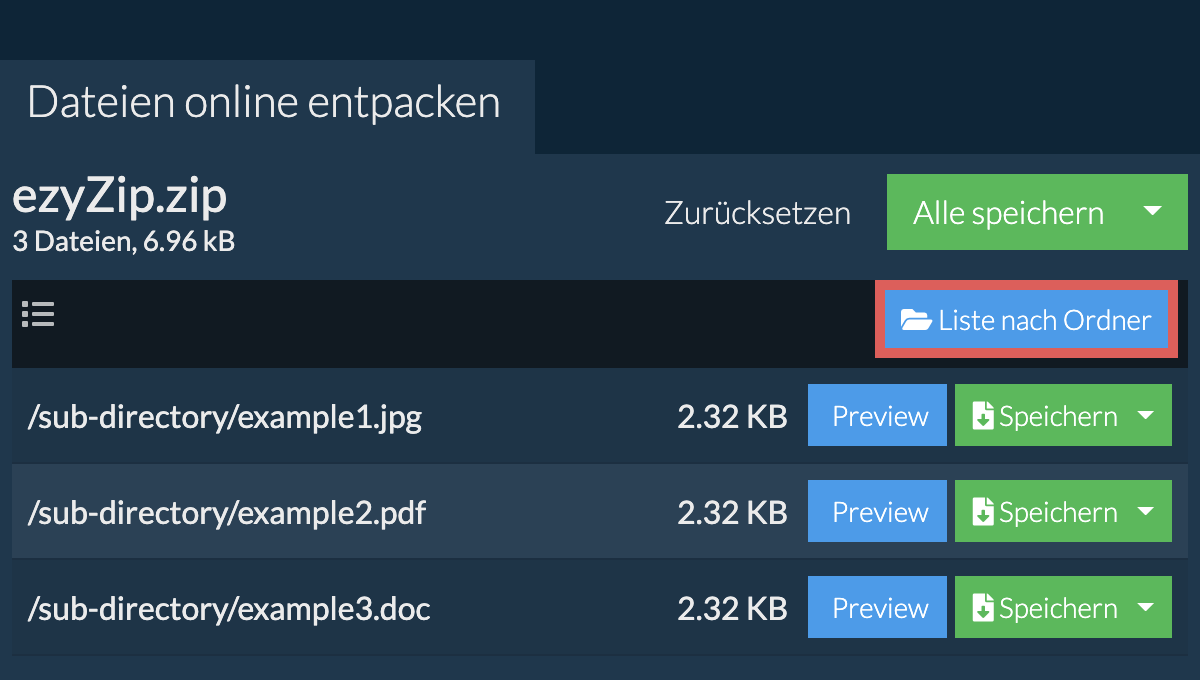 zip: Liste nach Ordner