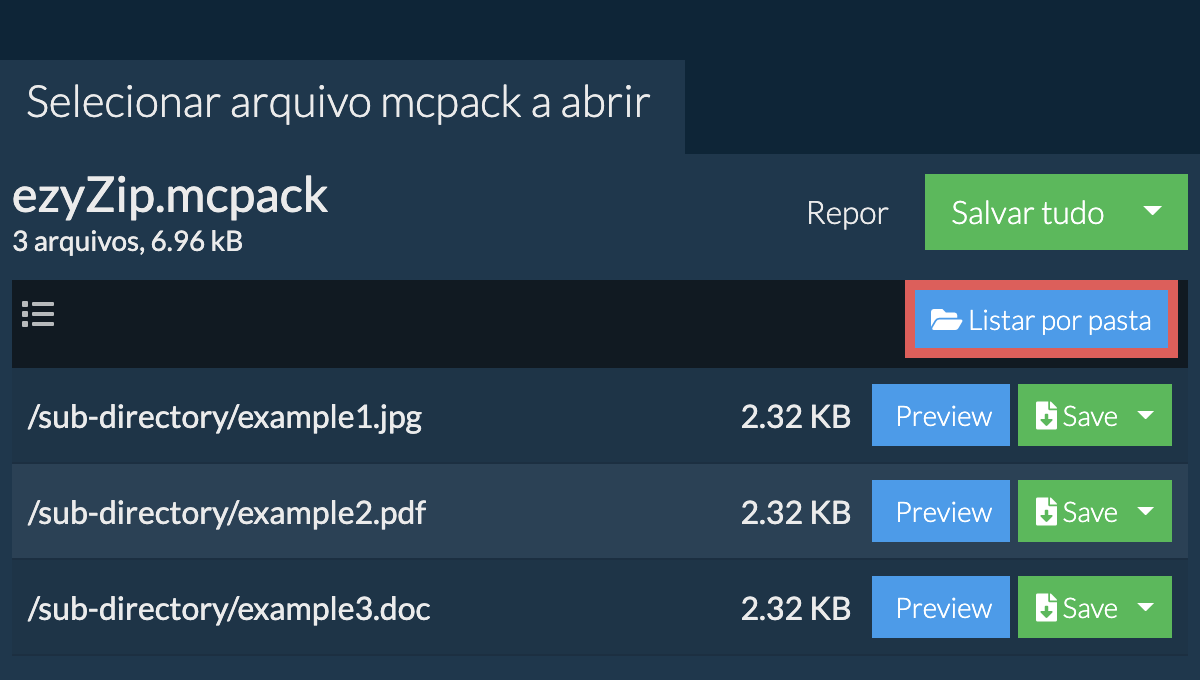 mcpack: Listar por pasta