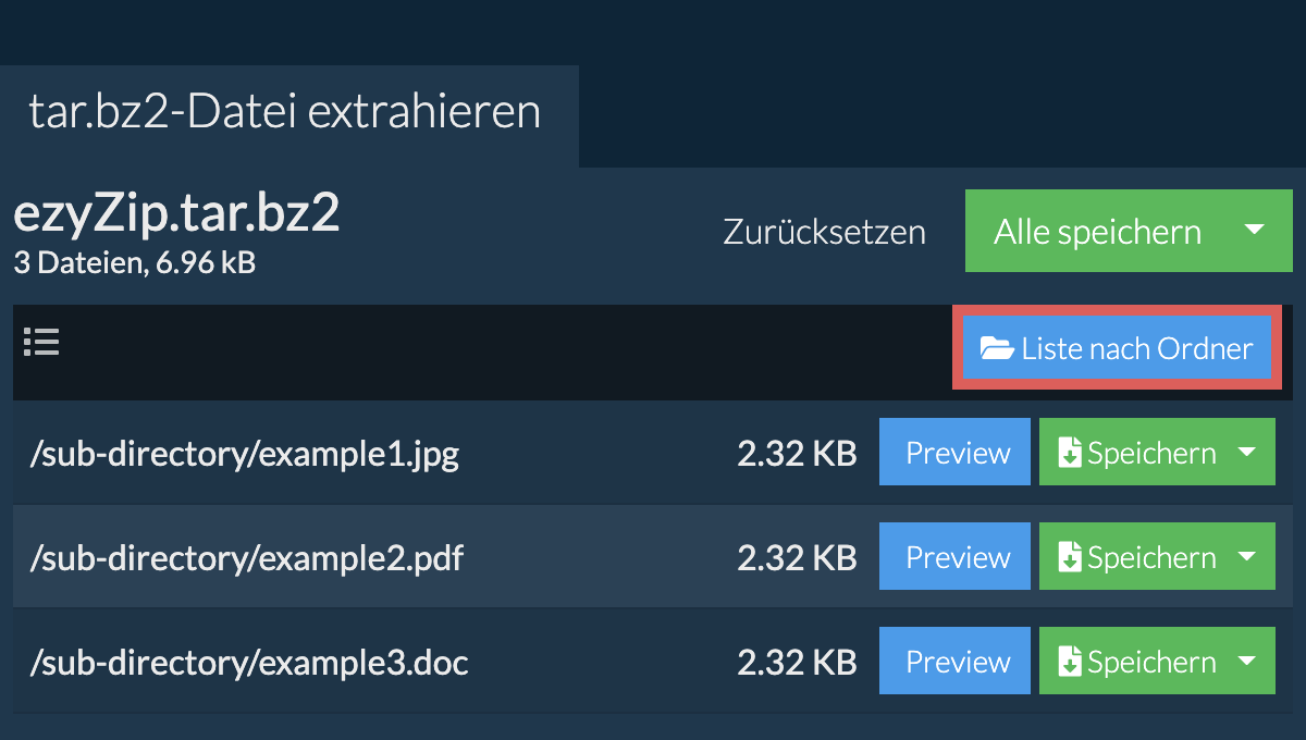 tar.bz2: Liste nach Ordner