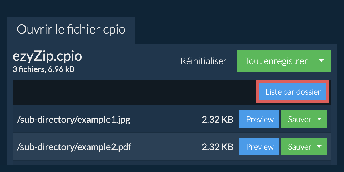cpio: Liste par dossier