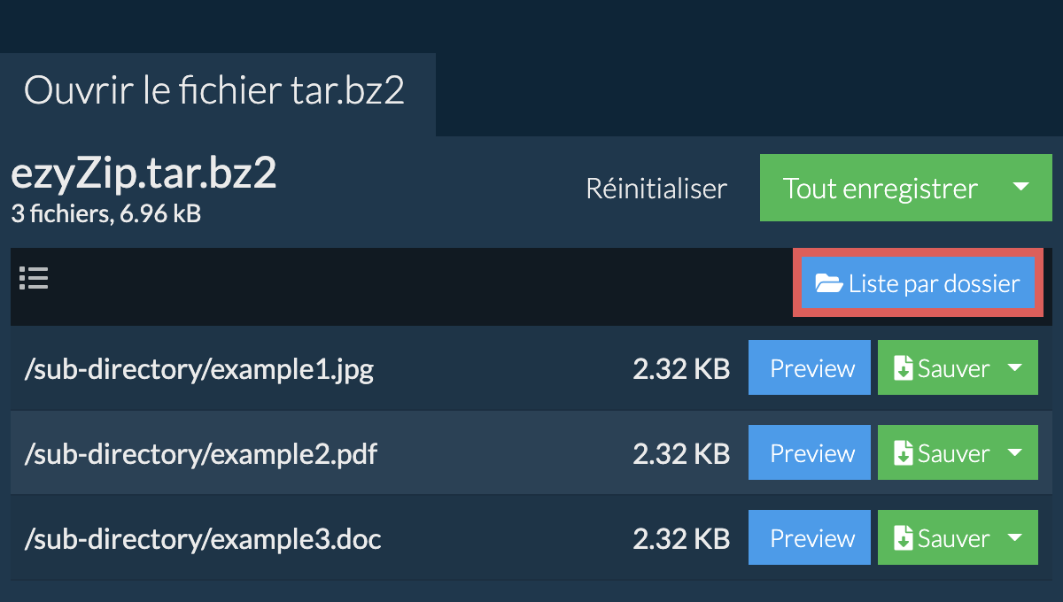 tar.bz2: Liste par dossier