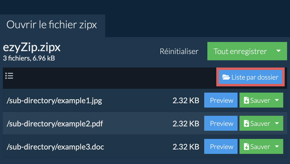 zipx: Liste par dossier