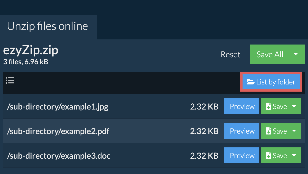 unzip: List by folder