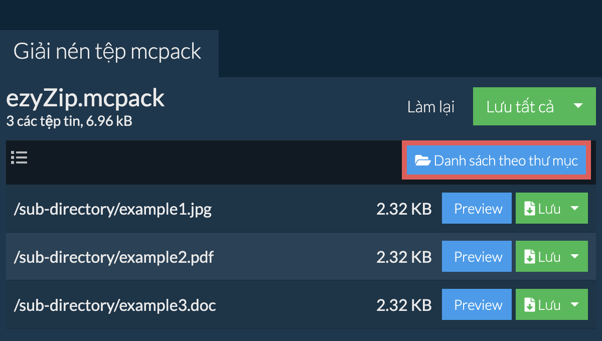 mcpack: Danh sách theo thư mục