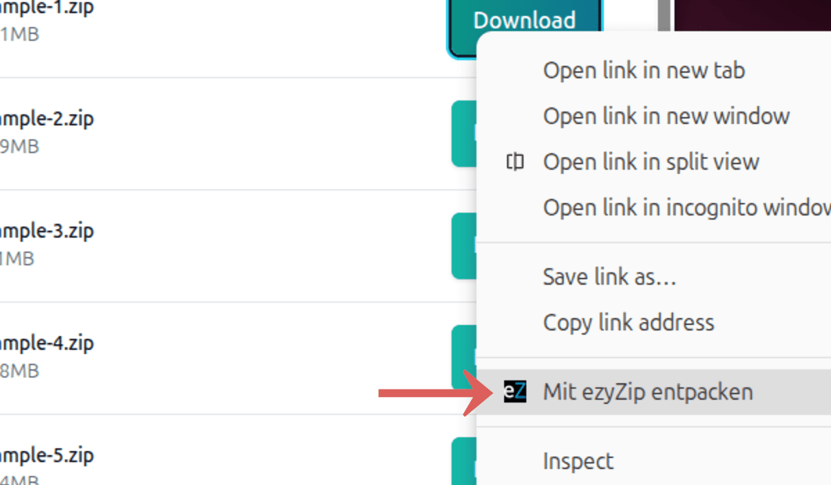 Extract with ezyZip aus dem Kontextmenü