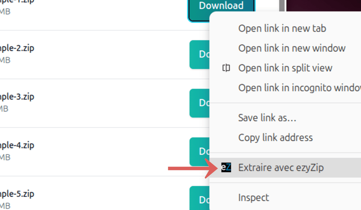 Extract with ezyZip depuis le menu contextuel
