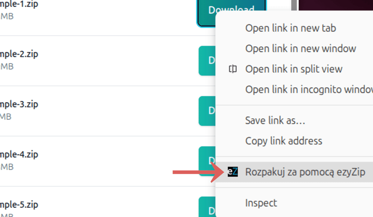 Extract with ezyZip z menu kontekstowego