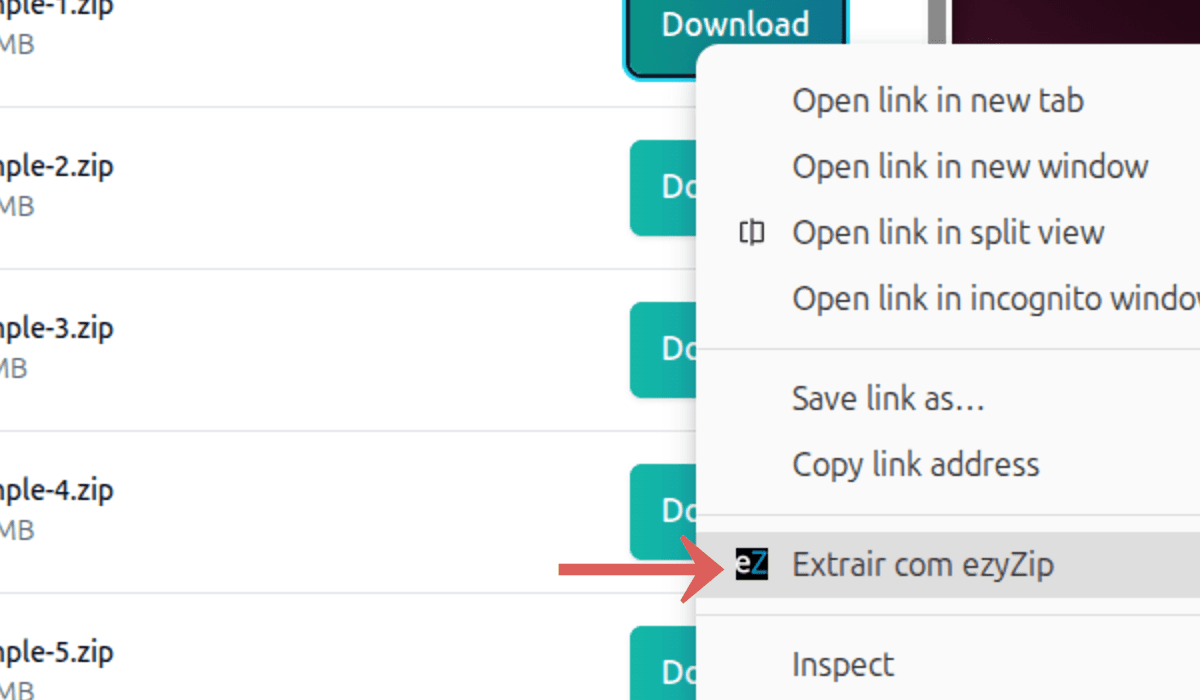Extract with ezyZip no menu de contexto