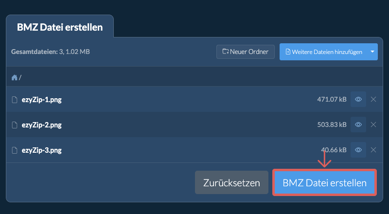 Speichern Sie die erstellte BMZ Datei auf dem lokalen Laufwerk 2. BMZ Datei erstellen