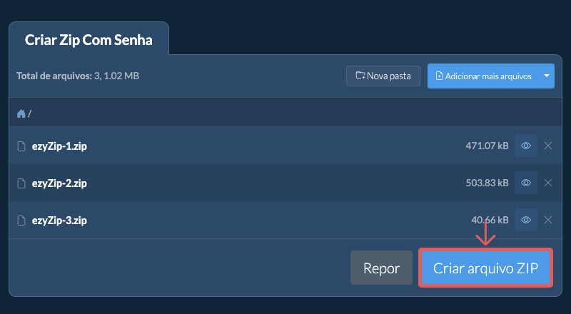 Clique em Zip Files depois de adicionar todos os arquivos
