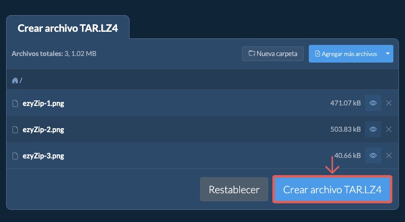 Guarde el archivo TAR.LZ4 creado en el disco local 2. Crear archivo TAR.LZ4