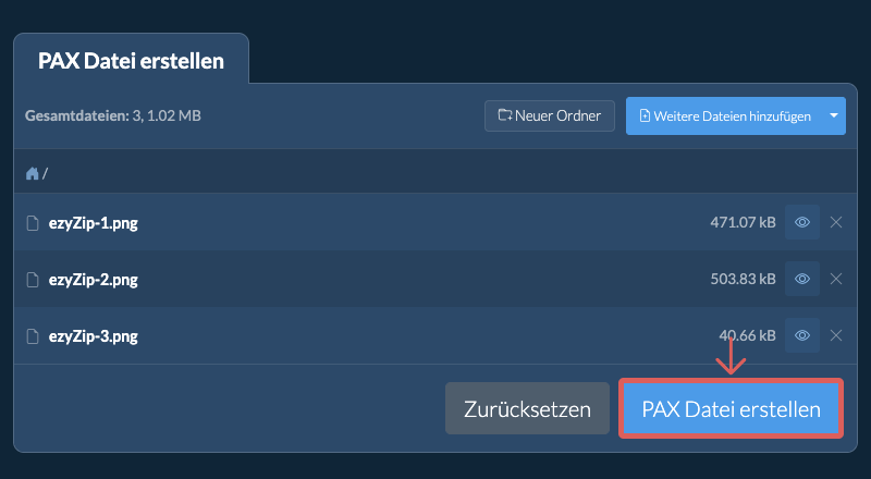 Speichern Sie die erstellte PAX Datei auf dem lokalen Laufwerk 2. PAX Datei erstellen