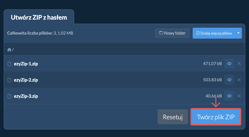Kliknij Pliki ZIP po dodaniu wszystkich plików Kliknij Pliki ZIP po dodaniu wszystkich plików