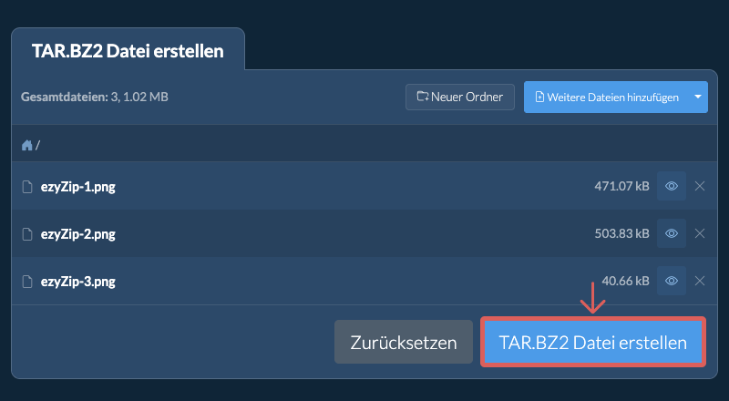 Speichern Sie die erstellte TAR.BZ2 Datei auf dem lokalen Laufwerk 2. TAR.BZ2 Datei erstellen