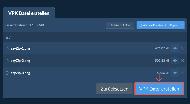 Speichern Sie die erstellte VPK Datei auf dem lokalen Laufwerk 2. VPK Datei erstellen