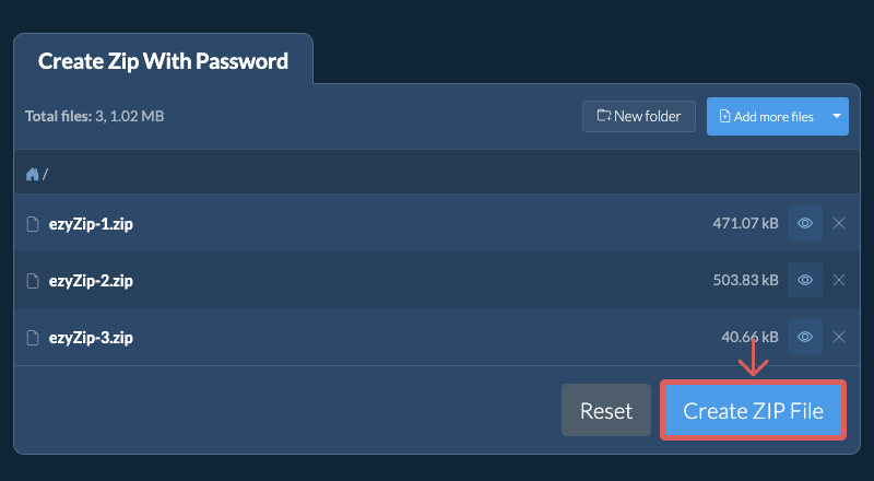 Click Zip Files once you have added all the files