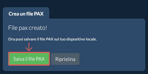 Salva il file PAX creato sul disco locale Salva il file PAX creato sul disco locale
