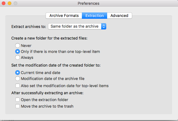The unarchiver extraction preferences