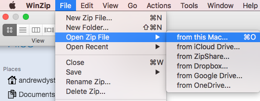 Open zip file with winzip